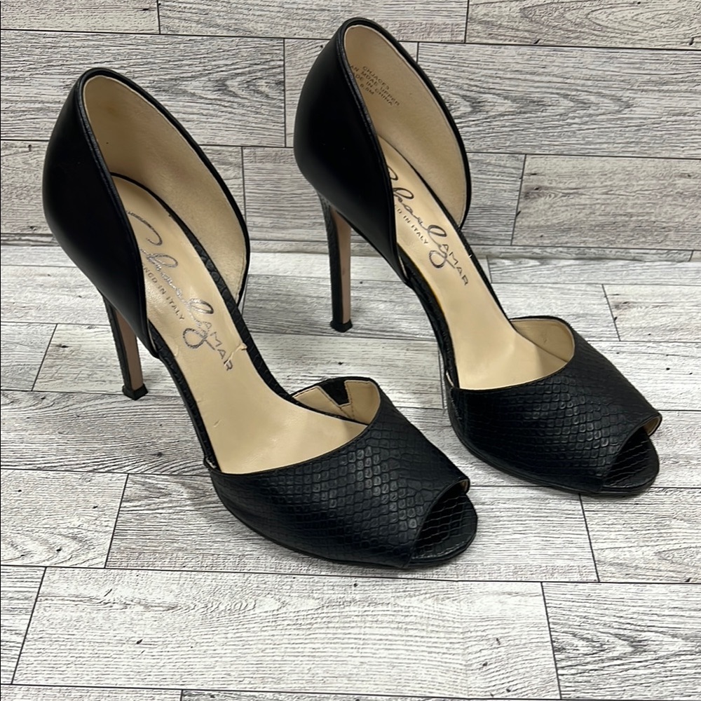 Charly Amar Black Peep-Toe Heels. Alligator/Snakeskin Print. Cha-Jace. Size 6.5.